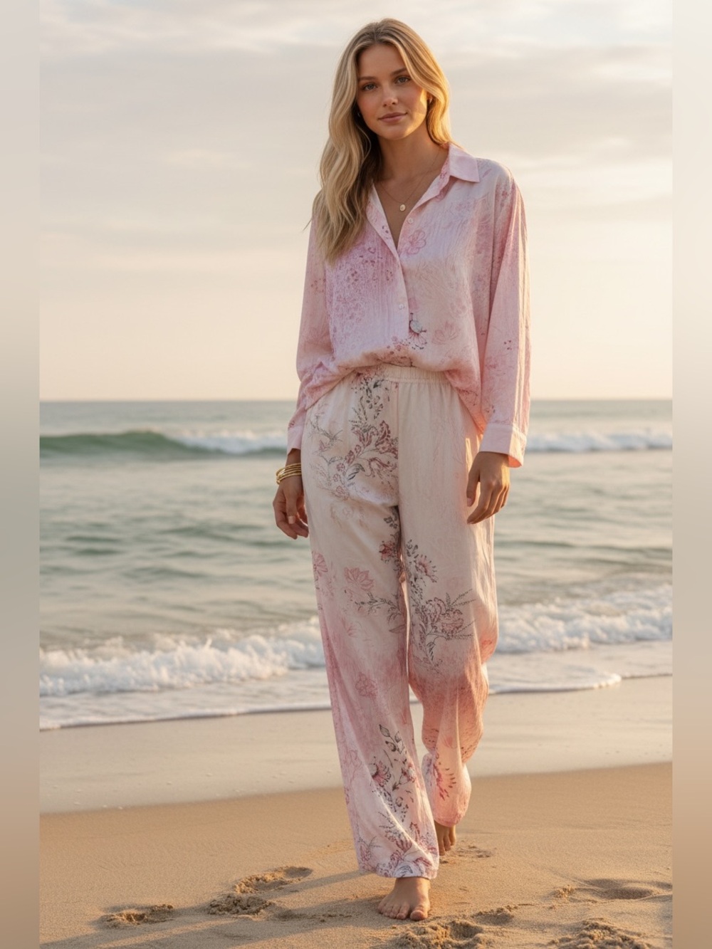 Pixie Lady Pink Floral Pajama Lounge Set 1X Button Down Shirt Wide Leg Pants